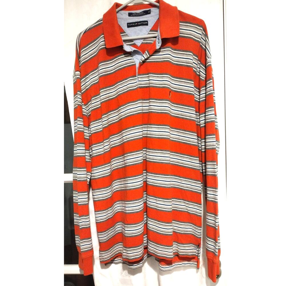 Tommy Hilfiger Mens XXL Rugby Shirt Vintage Y2K Preppy Grunge Orange Gray Cotton